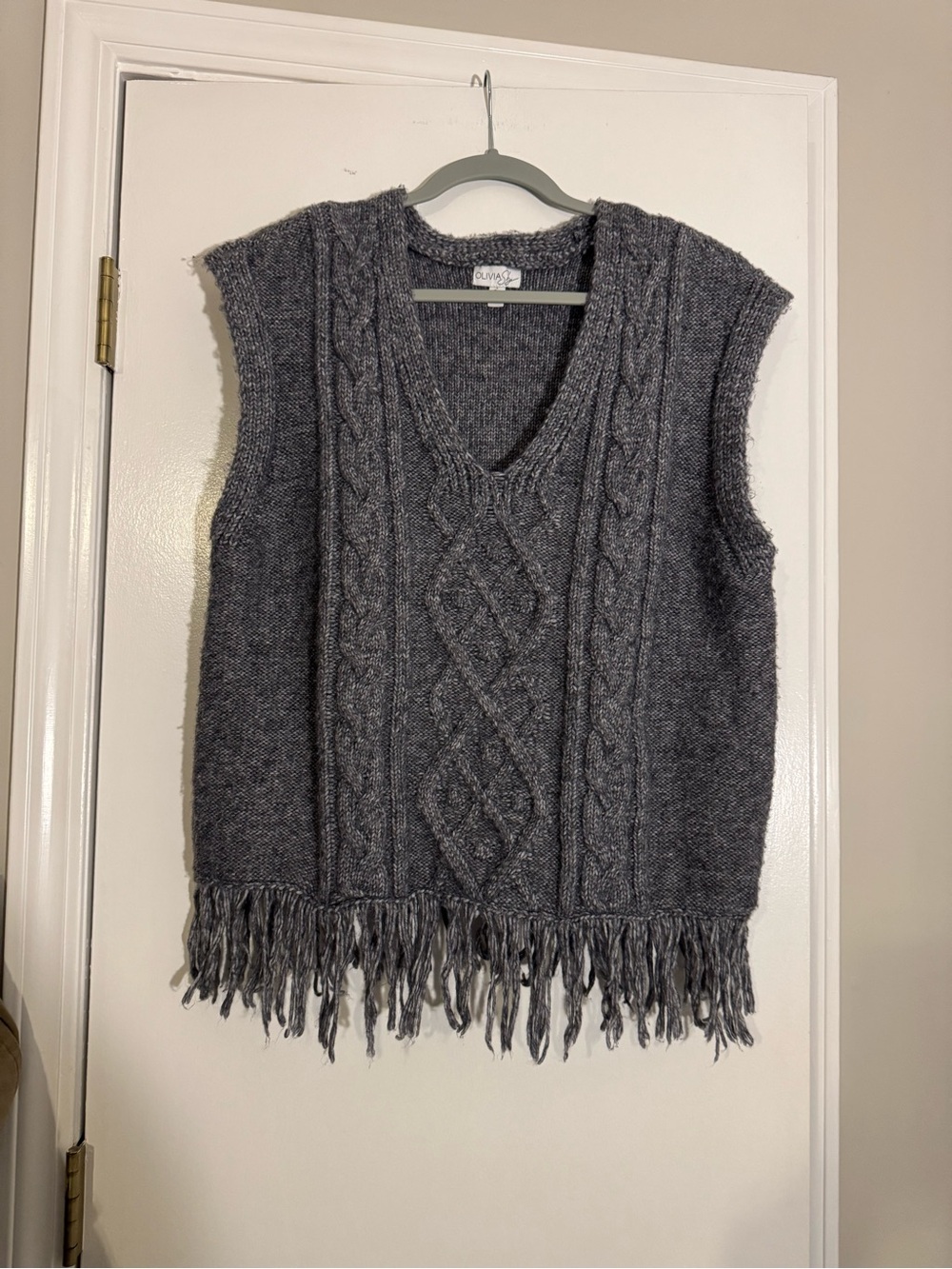 Cable Knit Fringe Sweater Vest - Gray light weight soft grandpa core office